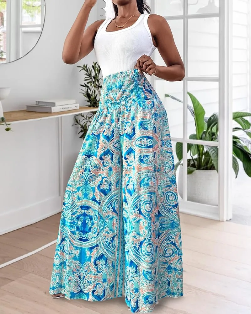 Women's Vintage Boho Maxi Skirts Paisley Floral Print Shirred Elastic High Waist Wide Leg Pants for Vacation Beach