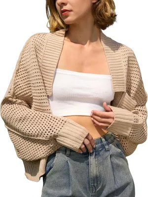 Yimoon Women's Bolero Shrug Sweater Cropped Cardigan Knit Open Front Batwing Long Sleeve Y2k 2025 Spring Streetwear(Apricot-M)