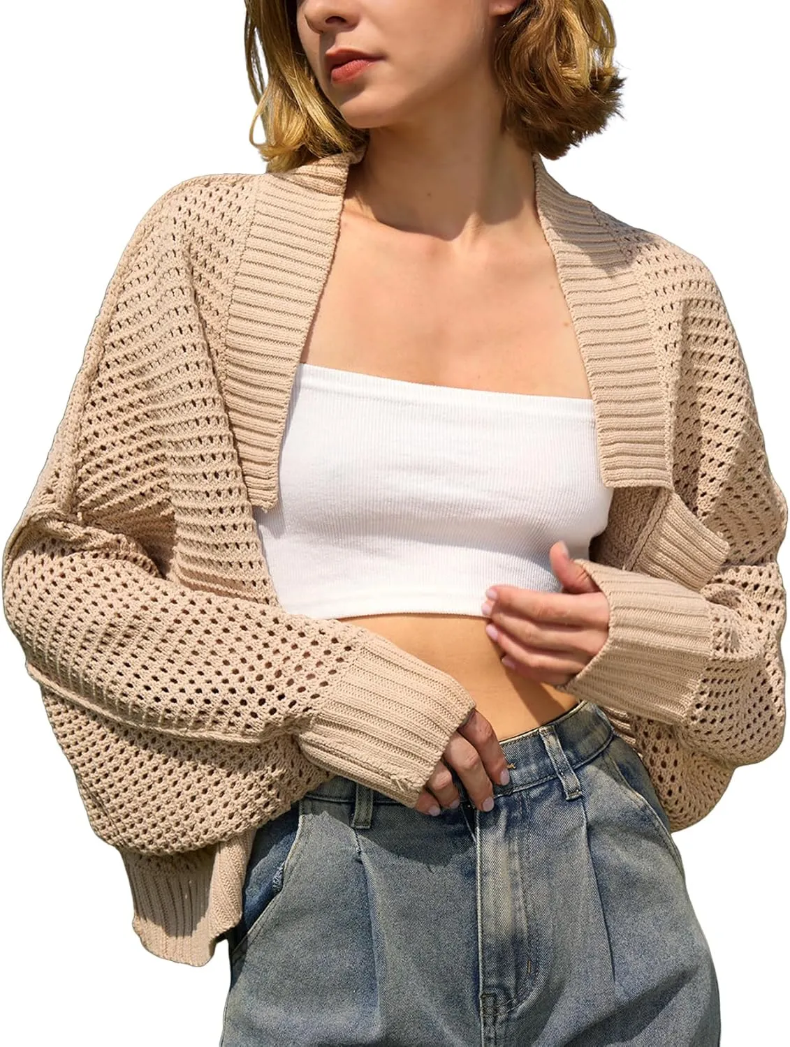 Yimoon Women's Bolero Shrug Sweater Cropped Cardigan Knit Open Front Batwing Long Sleeve Y2k 2025 Spring Streetwear(Apricot-M)