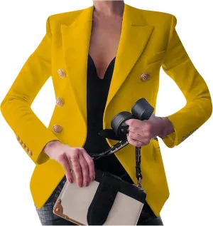 YMING Womens Double Breasted Long Sleeve Blazer Lapel Open Front Jacket Solid Color Work Office Coats with Pockets