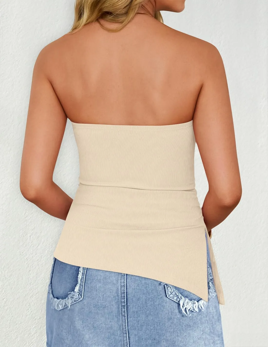 ZESICA Womens Tube Top 2025 Summer Going Out Strapless Backless Ruched Trendy Tops Asymmetrical Bandeau Outfits