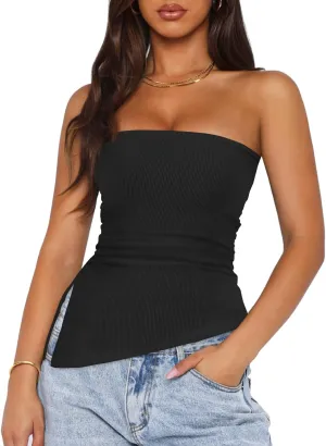 ZESICA Womens Tube Top 2025 Summer Going Out Strapless Backless Ruched Trendy Tops Asymmetrical Bandeau Outfits