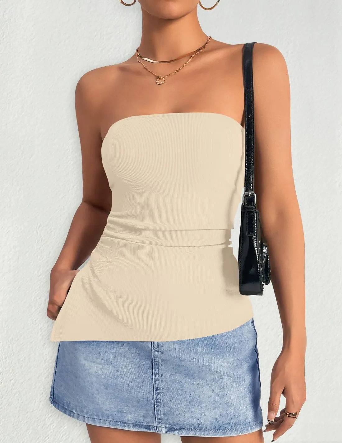 ZESICA Womens Tube Top 2025 Summer Going Out Strapless Backless Ruched Trendy Tops Asymmetrical Bandeau Outfits