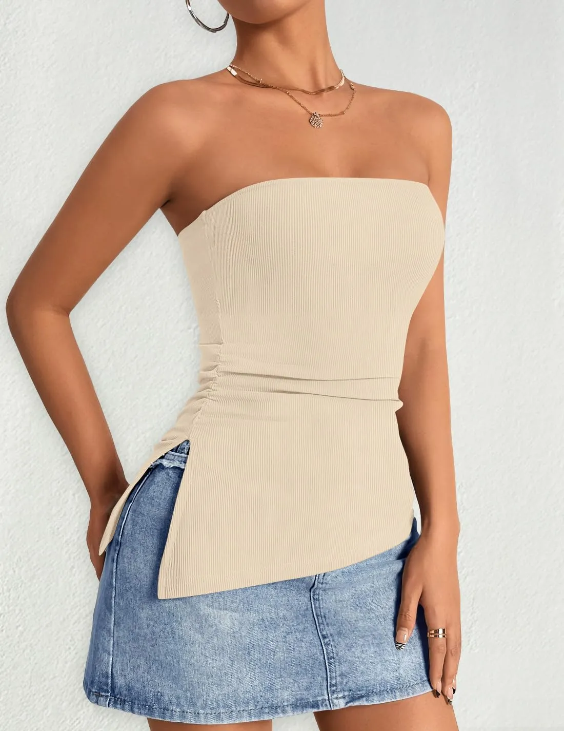 ZESICA Womens Tube Top 2025 Summer Going Out Strapless Backless Ruched Trendy Tops Asymmetrical Bandeau Outfits