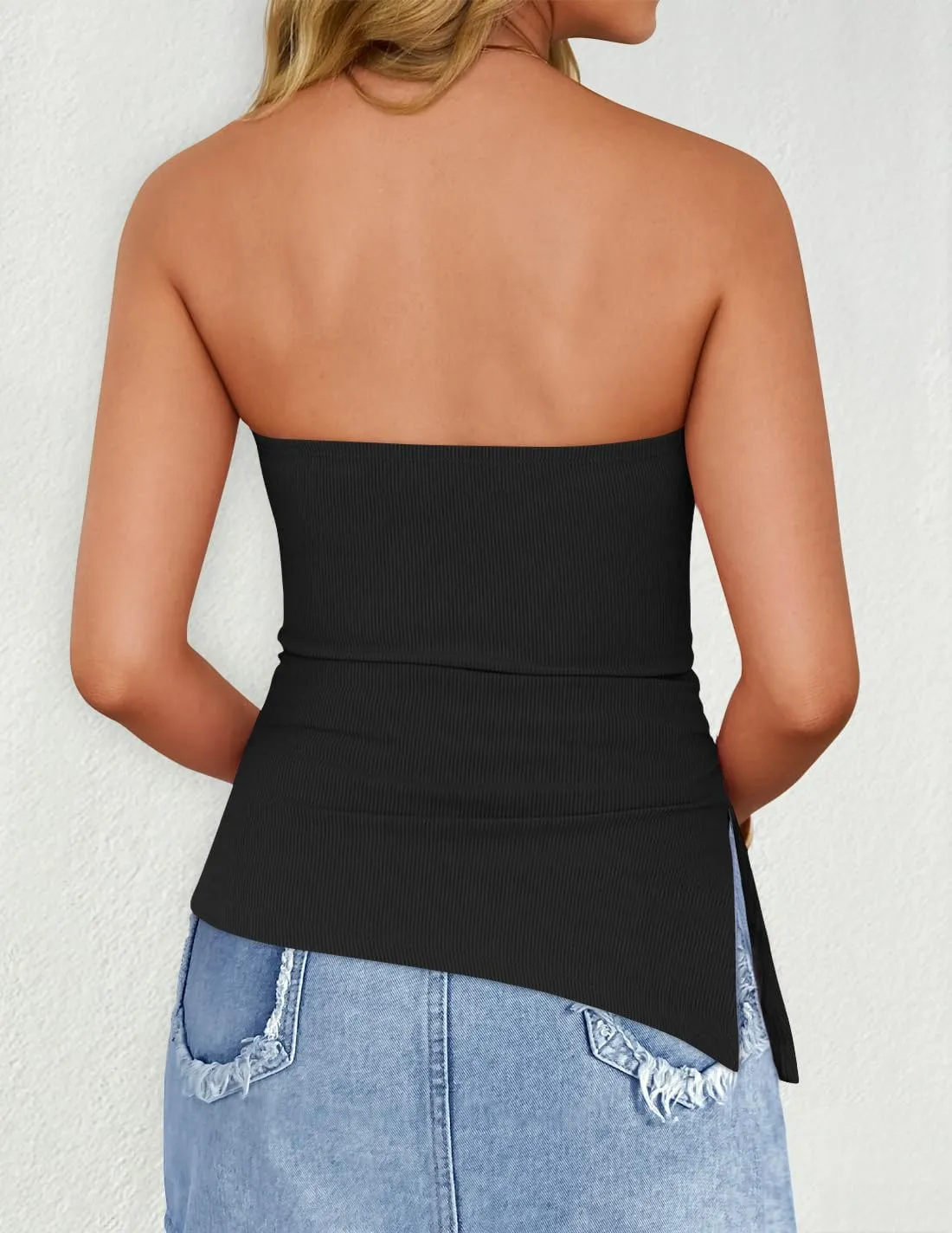 ZESICA Womens Tube Top 2025 Summer Going Out Strapless Backless Ruched Trendy Tops Asymmetrical Bandeau Outfits