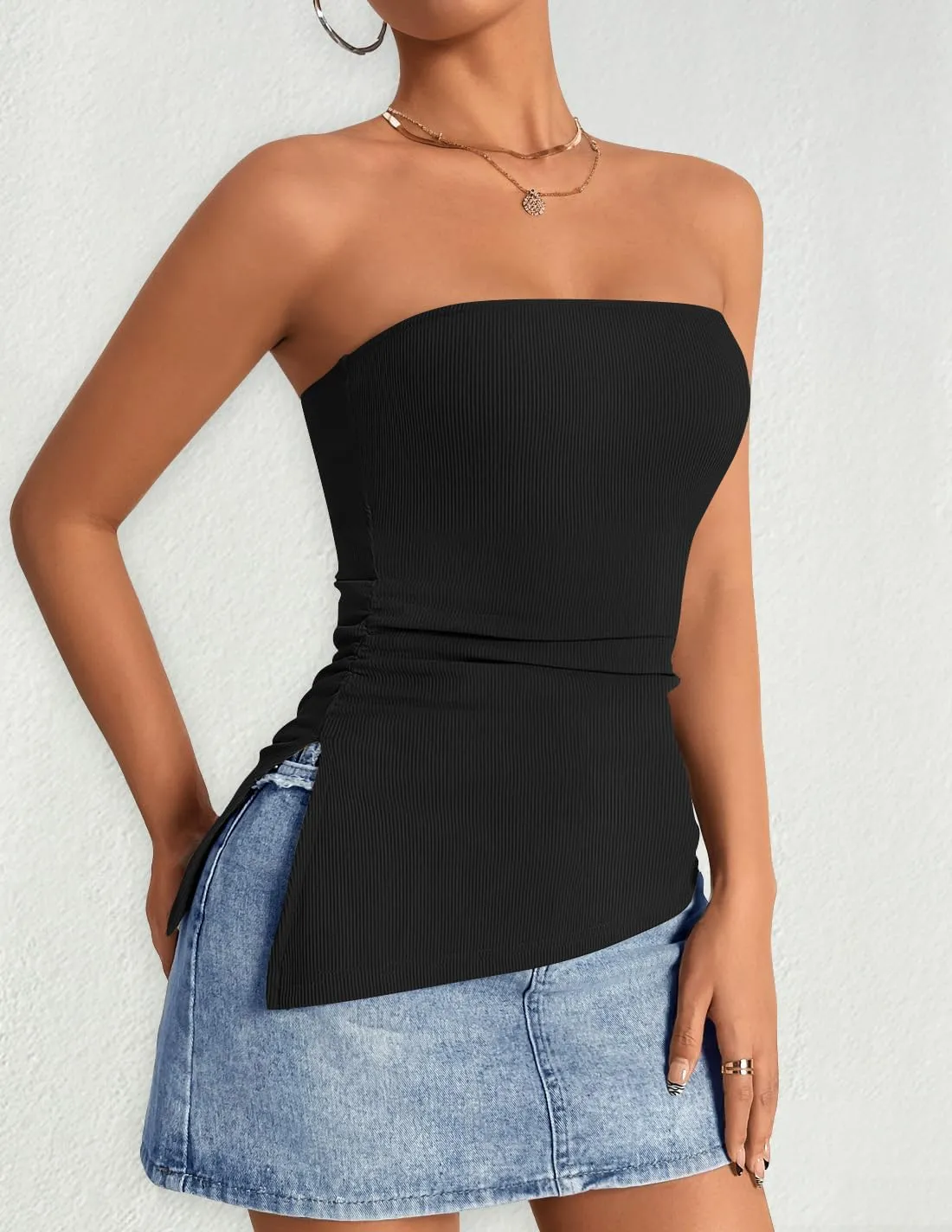 ZESICA Womens Tube Top 2025 Summer Going Out Strapless Backless Ruched Trendy Tops Asymmetrical Bandeau Outfits