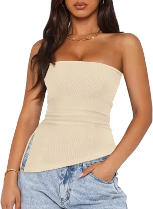 ZESICA Womens Tube Top 2025 Summer Going Out Strapless Backless Ruched Trendy Tops Asymmetrical Bandeau Outfits