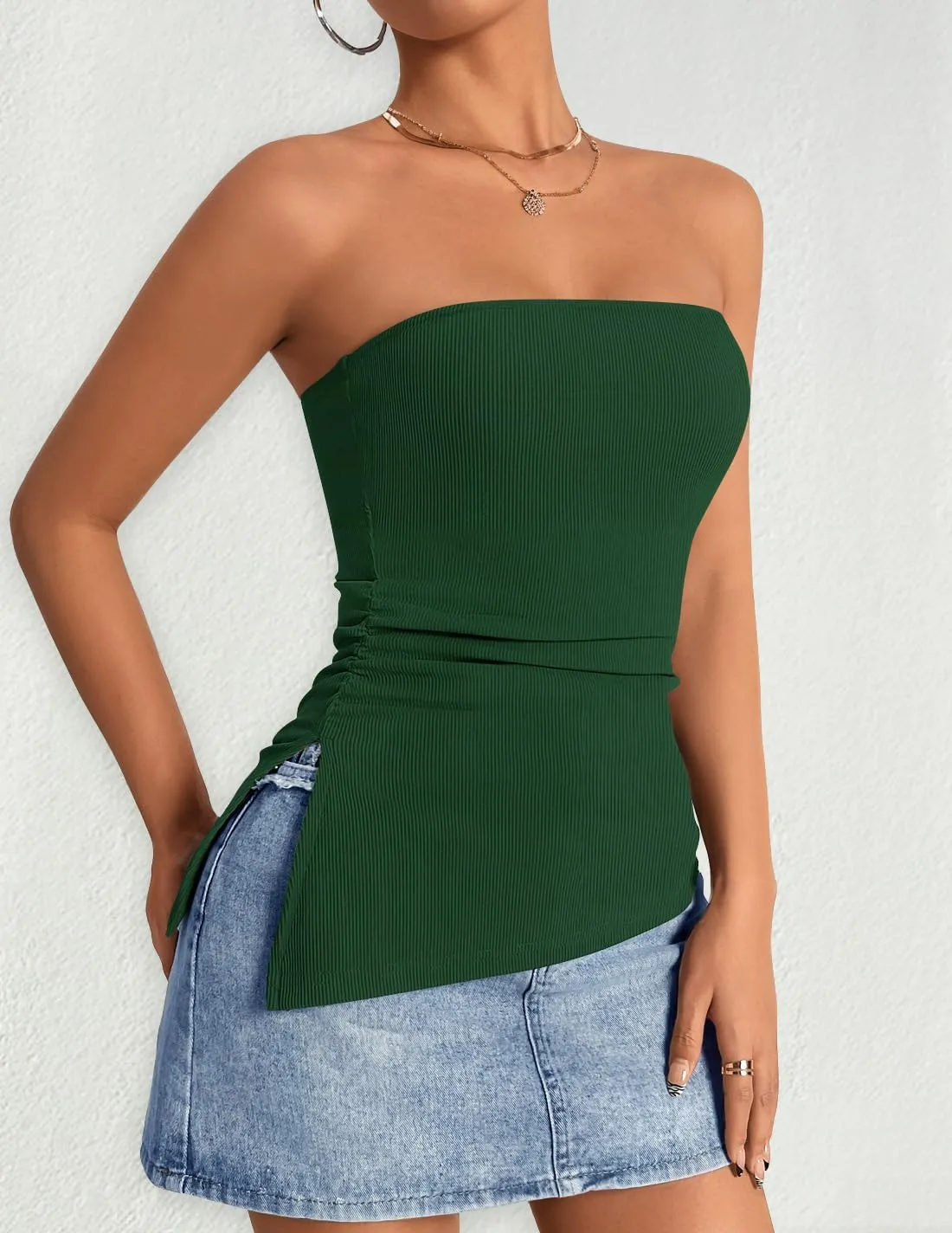 ZESICA Womens Tube Top 2025 Summer Going Out Strapless Backless Ruched Trendy Tops Asymmetrical Bandeau Outfits