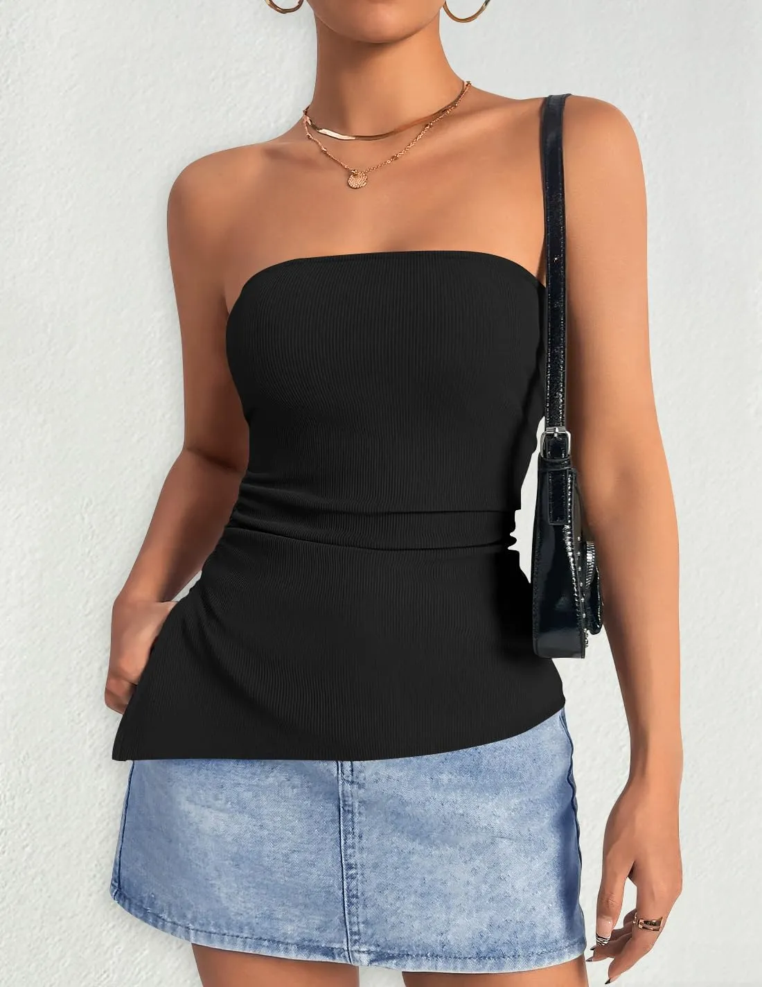 ZESICA Womens Tube Top 2025 Summer Going Out Strapless Backless Ruched Trendy Tops Asymmetrical Bandeau Outfits